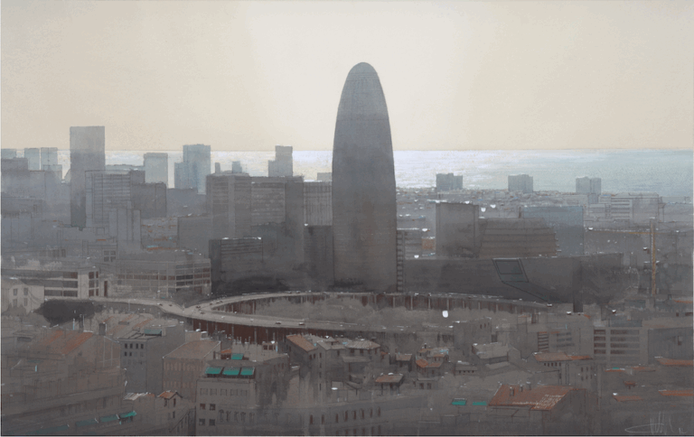 Charles Villeneuve - Clementine de Forton Gallery - Aquarelle_BARCELONA , TORRE AGBAR-74 X 104cm_Water color and ink on Paper, 2012