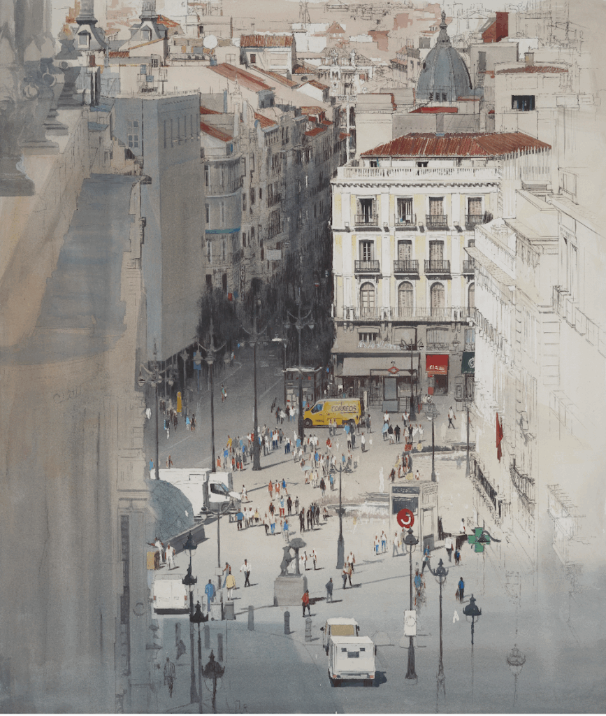 Charles Villeneuve - Clementine de Forton Gallery - Aquarelle_MADRID -PUERTA DEL SOL-98 X 117cm_Water Color and Ink on Paper_2021