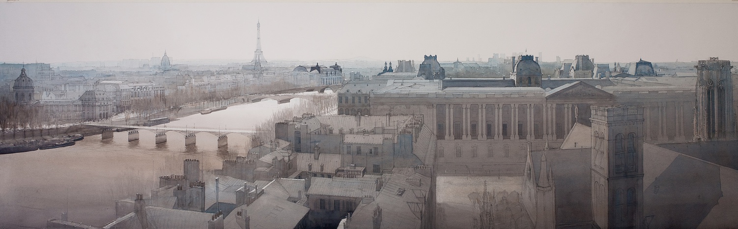 Paris depuis la terrasse de l'Hotel "Le Cheval Blanc", Lithography charles villeneuve clementine de forton gallery
